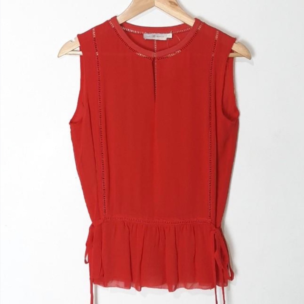 Tory Burch Waist Tie Sleeveless Red Silk Blouse